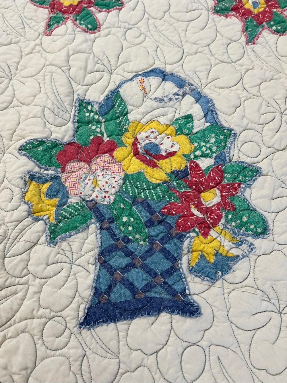 Handmade Floral Basket Appliqué Quilt Throw 73 x 56.5 - Picture 3 of 11